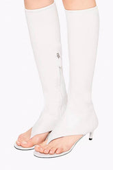 Faux Leather Open Toe Thong Strap Knee High Heeled Boots - White